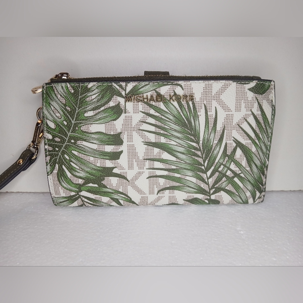 Michael Kors Jet Set Travel Double Wristlet Wallet Palm Leaf Monstera Leaf - Picture 2 of 11